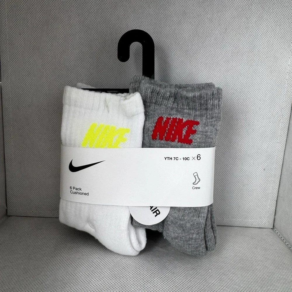 Nike‎ Kids Crew Socks 6 Pack White Grey Cushioned Size 7C-10C BN0509-001 NEW